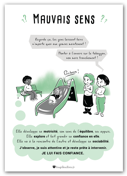 affiches petite enfance Bougribouillons - Mauvais sens, monter le toboggan à l'envers